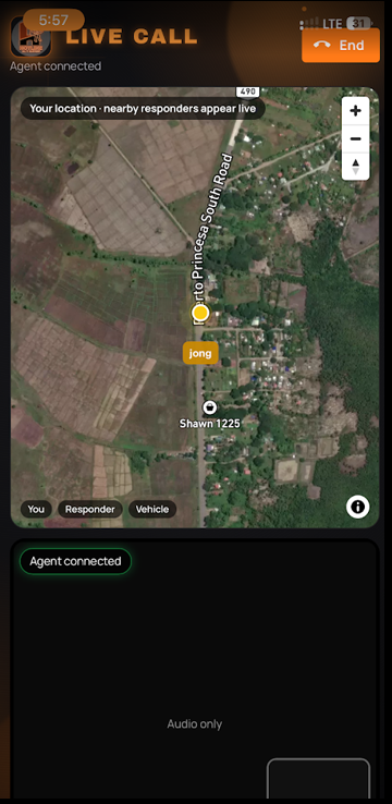 Live call map showing caller, nearby responders, and audio-only connection