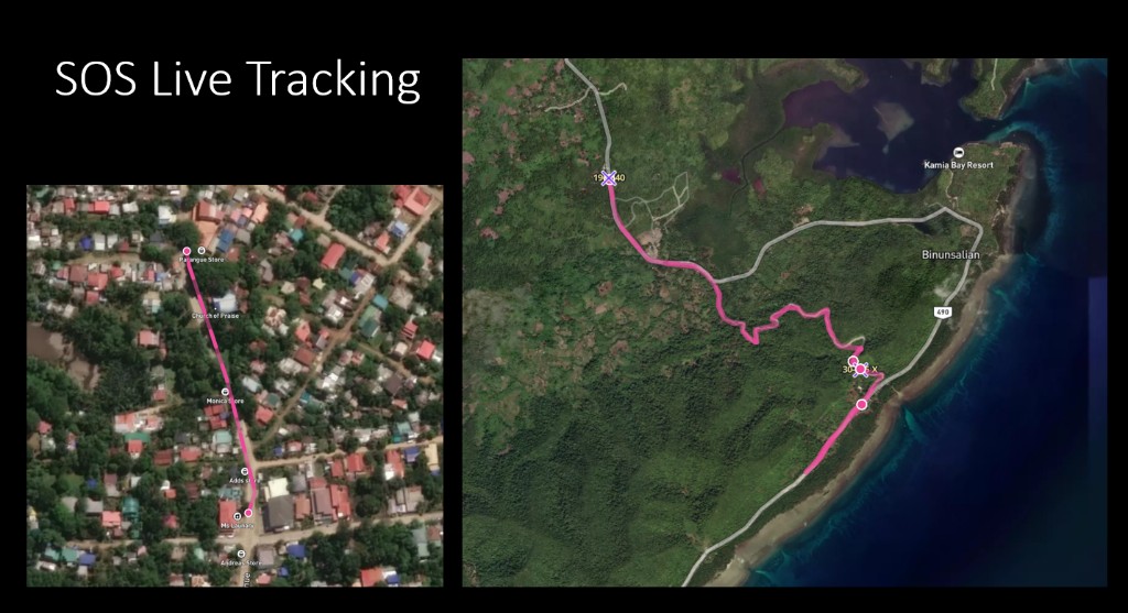 SOS live tracking paths on satellite maps in town and along the coast